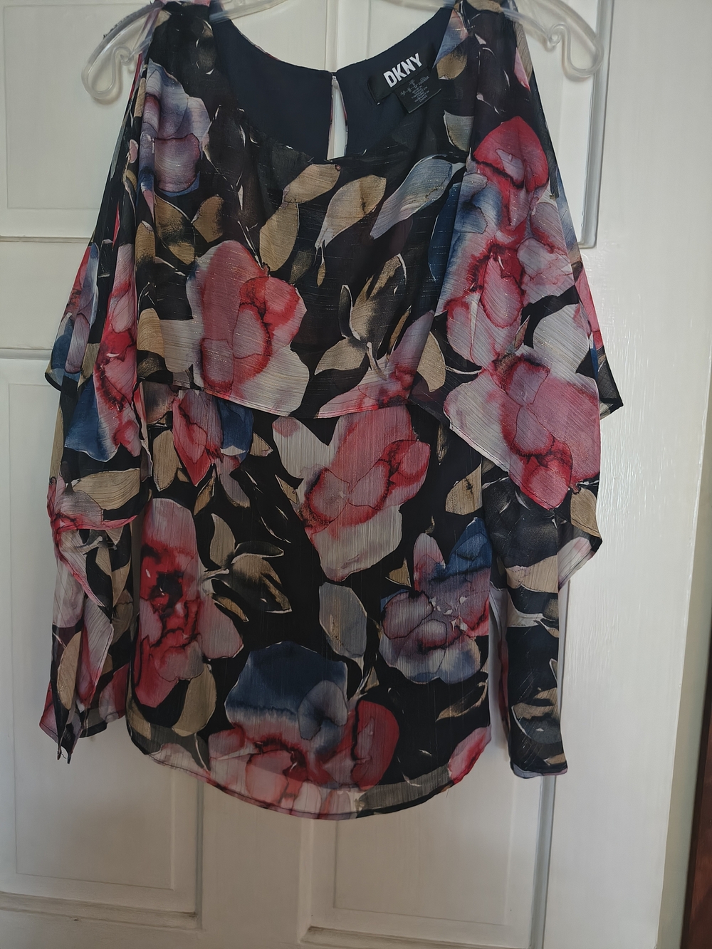 DKNY Navy Floral Sheer Blouse with Red, Blue & Tan Flowers